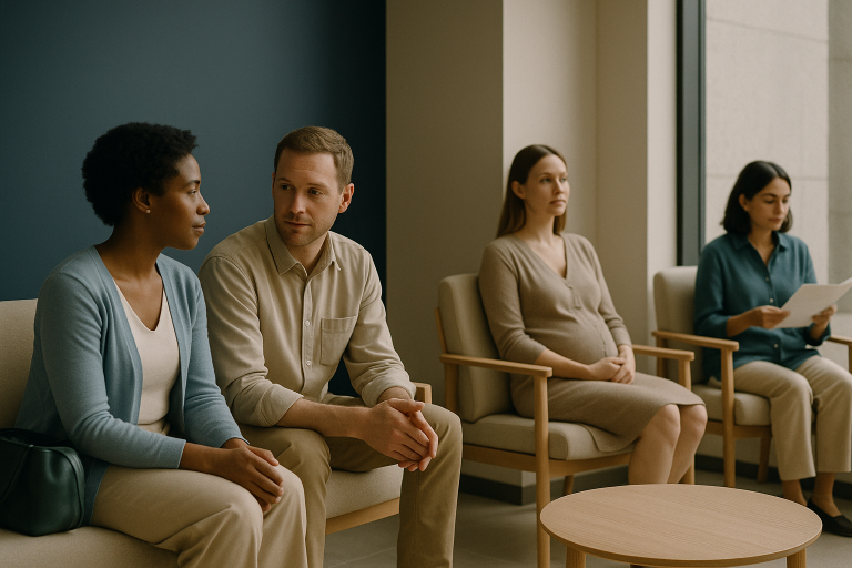 How IVF Works: Patients in a fertility clinic waiting area discussing treatment options.