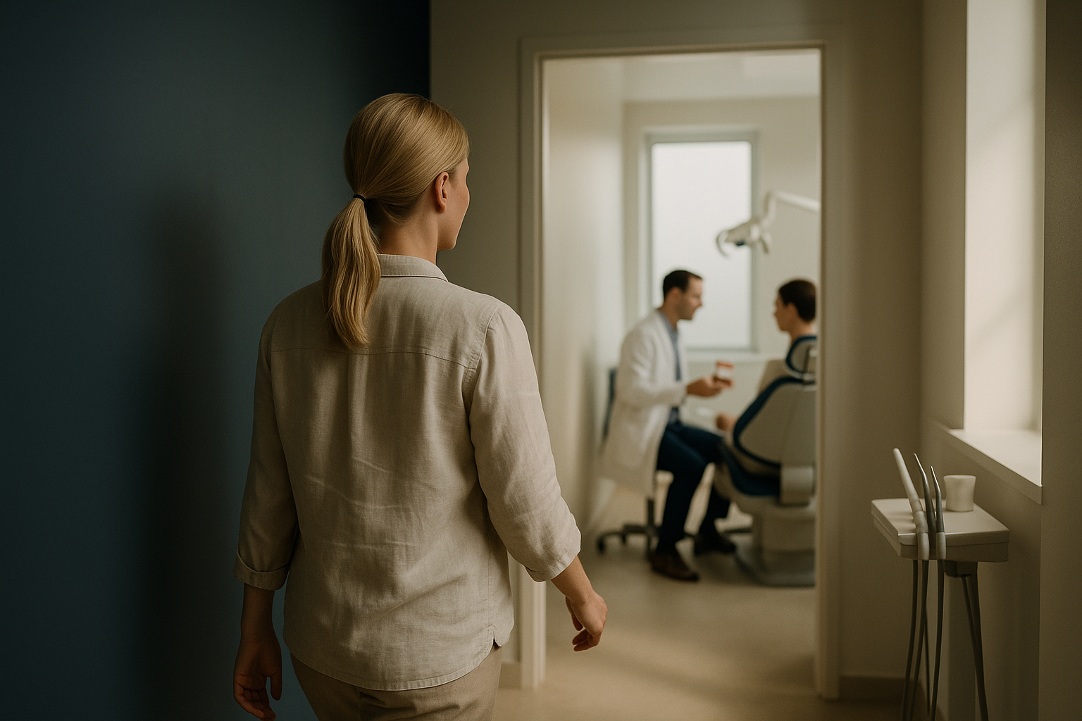 A dentist explains the cost factors of dental implants to a patient in a modern clinic setting.