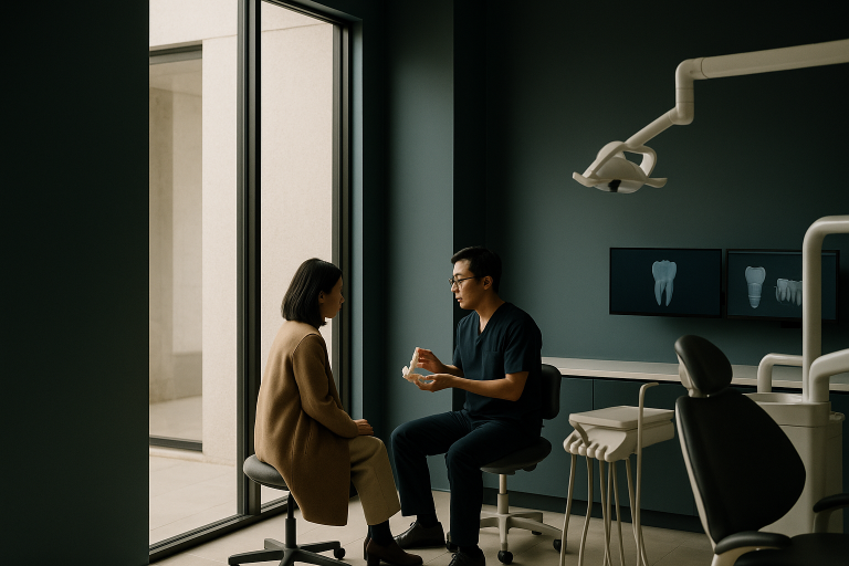 Dentist explaining how much dental implants cost to a patient in a modern clinic setting.