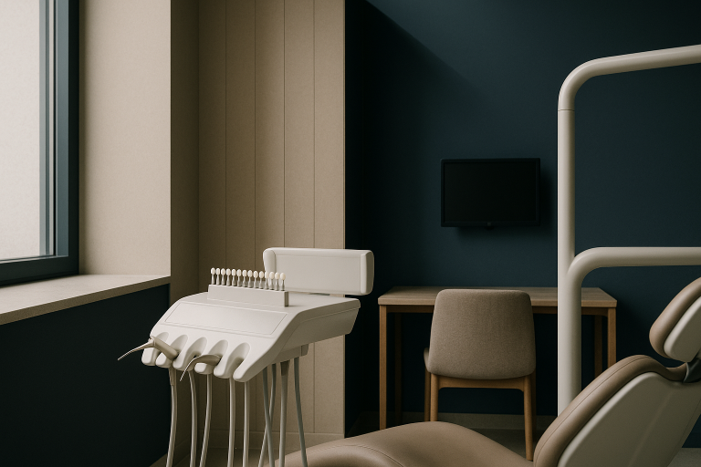 Dental clinic setting illustrating how much do veneers cost with dentist and patient consultation.