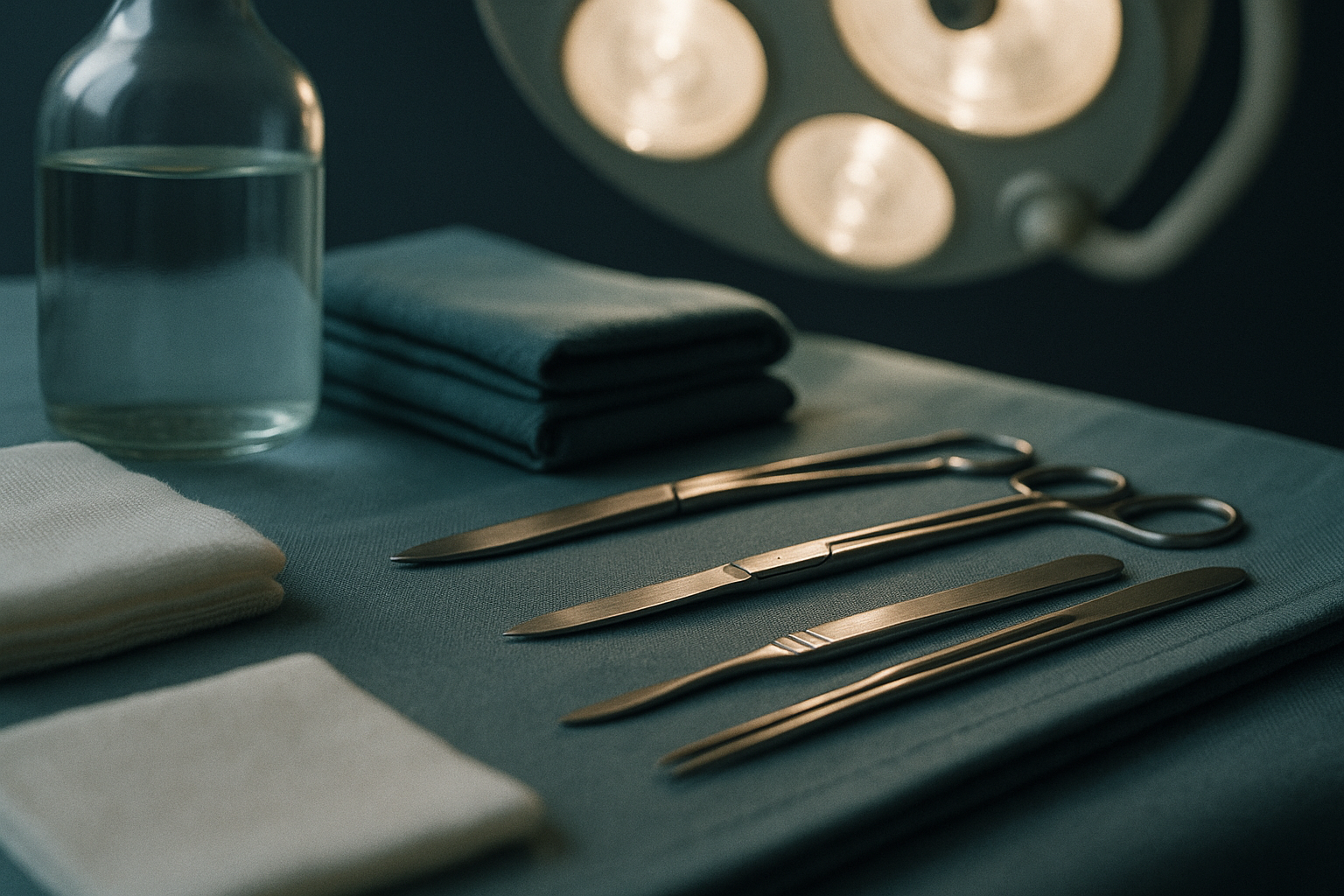 Operating theatre setup for forehead reduction surgery with surgical instruments and bright lights.