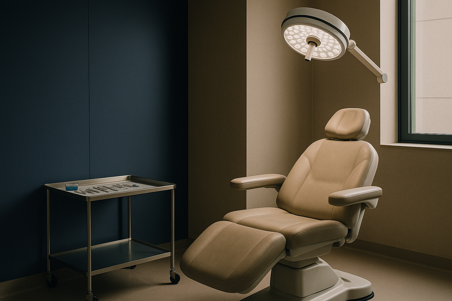 Operating theatre for hair transplant surgery showing equipment and patient chair.