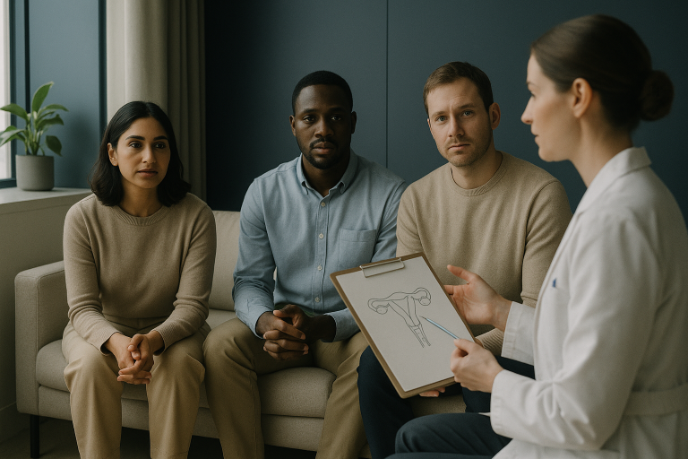 International patients learning about how much IVF costs from a healthcare professional in a clinic.