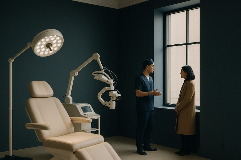 A hair transplant consultation in a modern clinic, focusing on the procedure and costs.