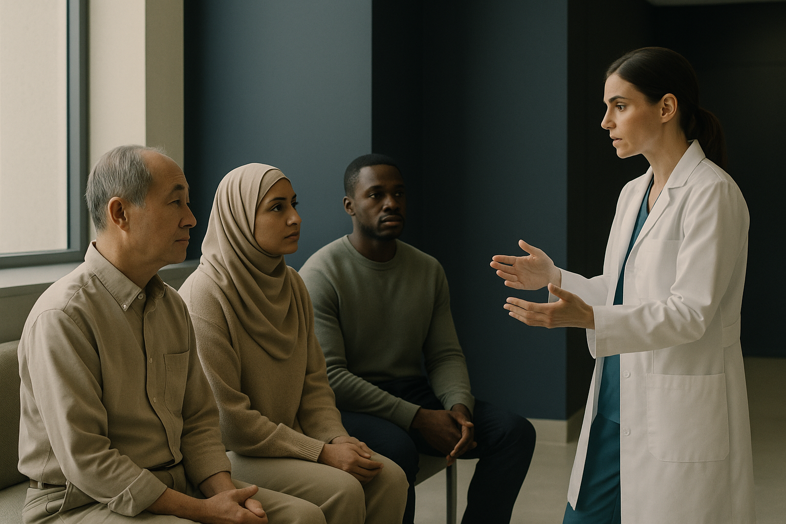 Group of patients discussing how much is IVF with a healthcare professional in a hospital.