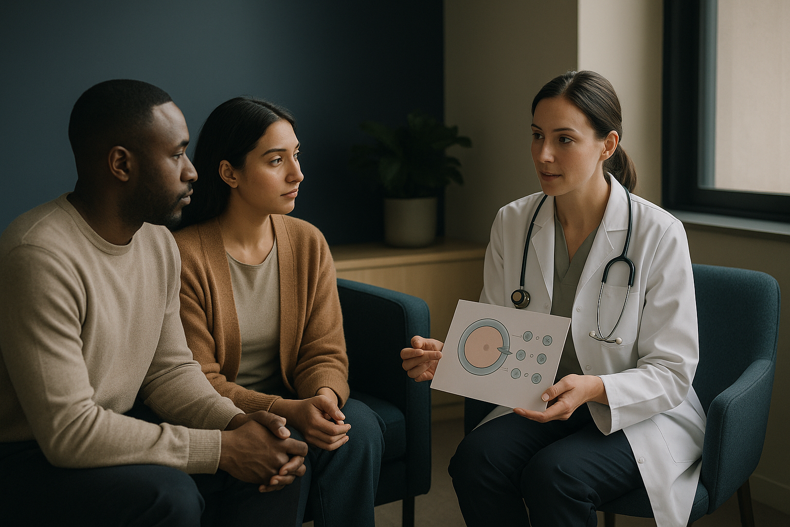 Group of people discussing IVF costs in England with a doctor.