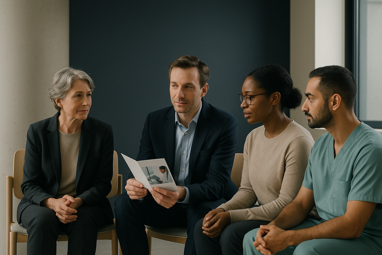 Multicultural group discussing IVF costs in England in a clinic waiting room.