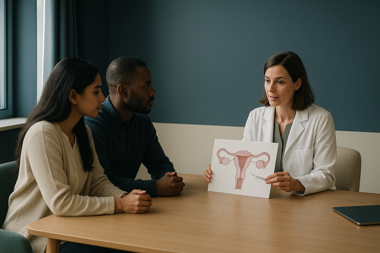 Doctor explaining IVF costs in the UK to an international couple in a fertility clinic.