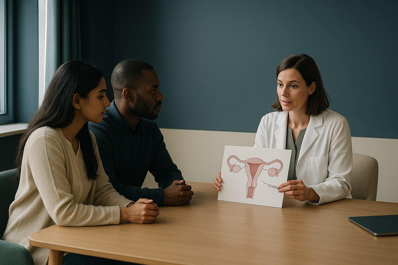 Doctor explaining IVF costs in the UK to an international couple in a fertility clinic.