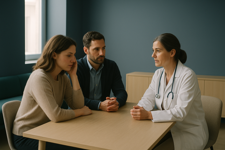Doctor discussing how much is IVF UK with a couple in a clinic setting.