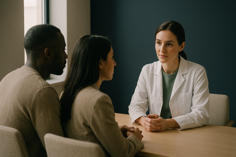 IVF Costs in the UK: International patients consulting with a doctor in a fertility clinic.