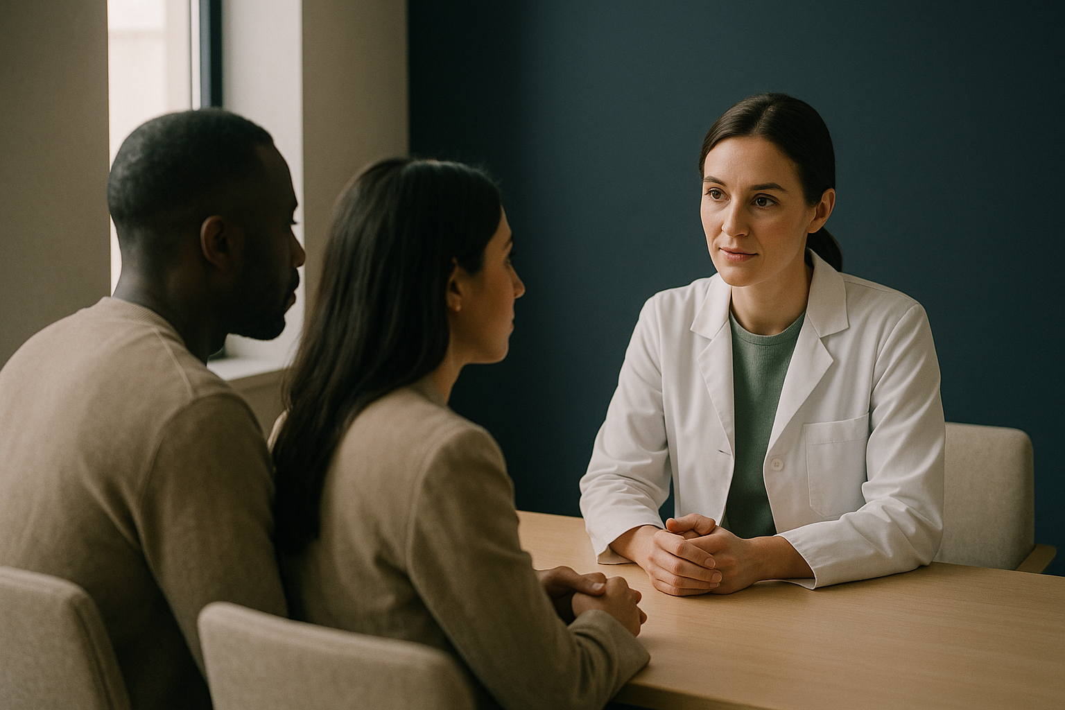 IVF Costs in the UK: International patients consulting with a doctor in a fertility clinic.
