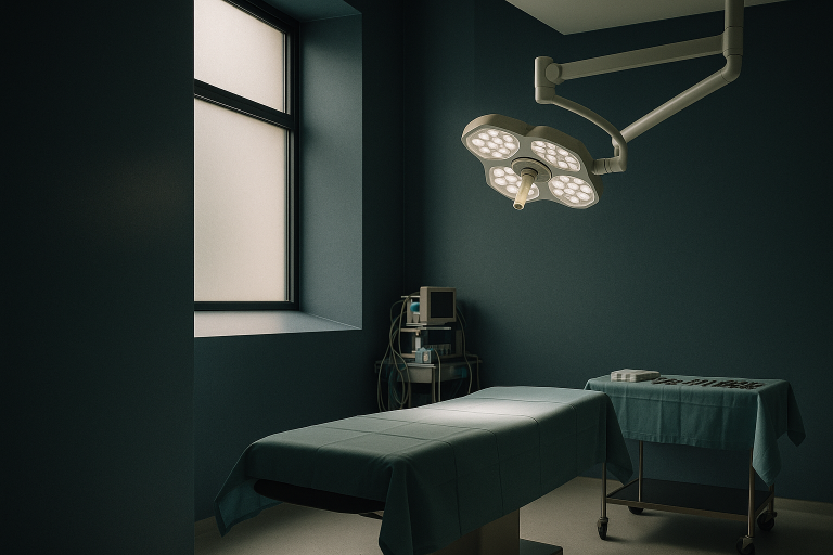 Operating theatre prepared for nose surgery procedure, showcasing sterile equipment and bright lighting.