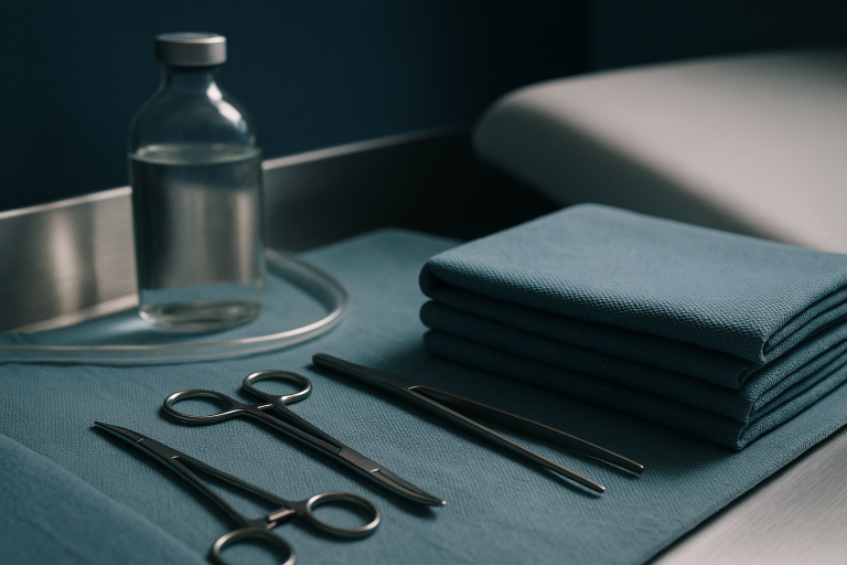 Operating theatre setup for neck lift surgery to fix turkey neck.