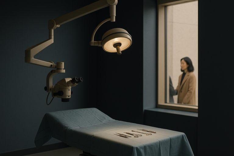 Operating theatre for hunter eyes surgery with surgical instruments and sterile environment.