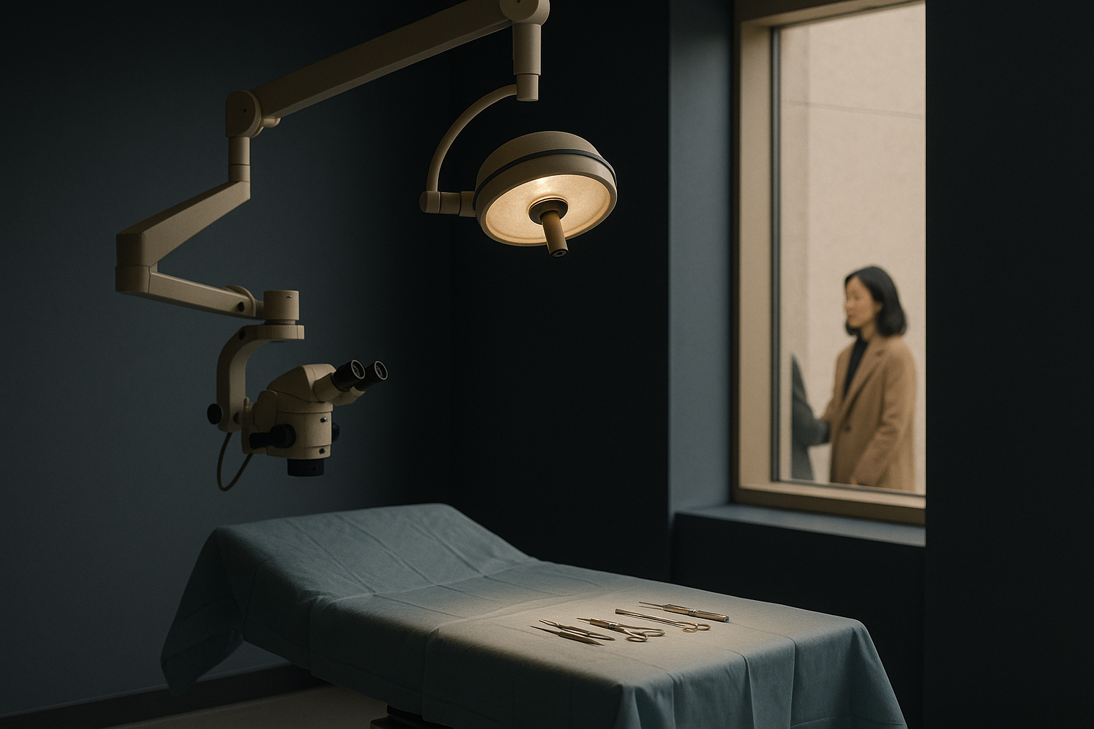 Operating theatre for hunter eyes surgery with surgical instruments and sterile environment.