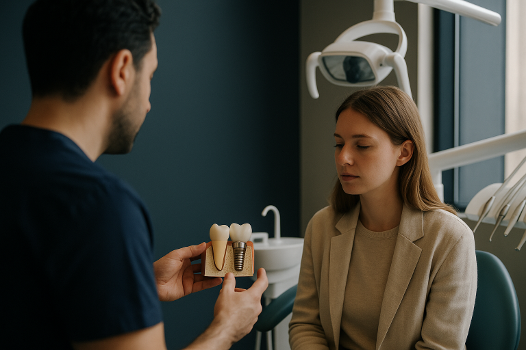 Dental clinic in Turkey showcasing implant cost procedures with a dentist and patient.