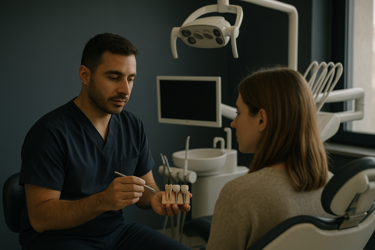A dentist explaining implant costs in Turkey in a modern dental clinic.