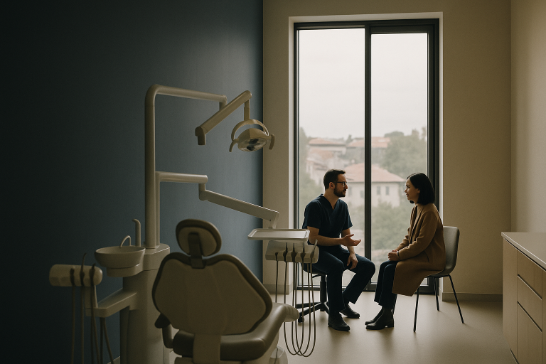 A dental clinic in Turkey with a dentist and patient discussing implant dentures.
