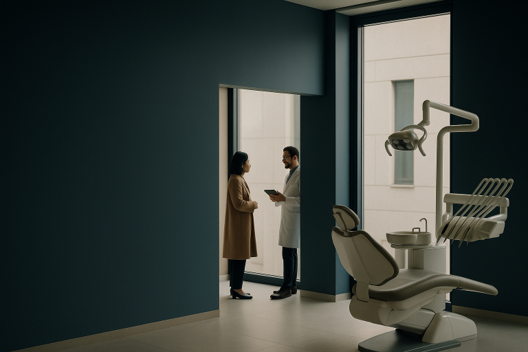 A dentist and patient discussing implants in Turkey at a modern dental clinic.