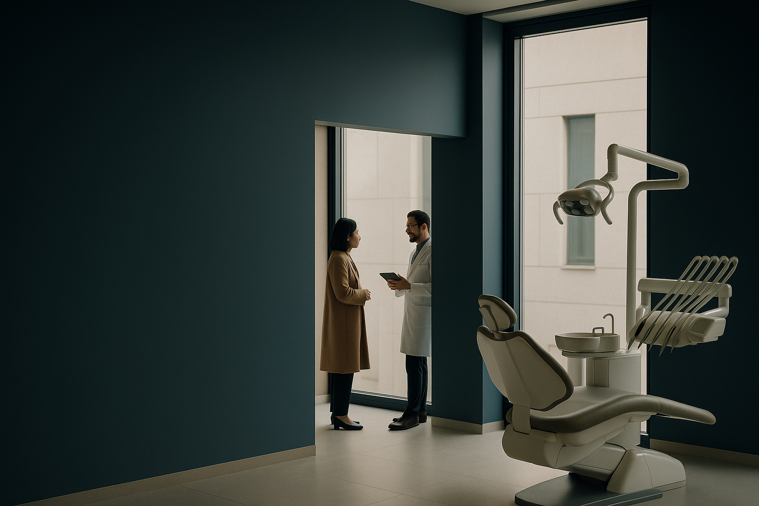 A dentist and patient discussing implants in Turkey at a modern dental clinic.