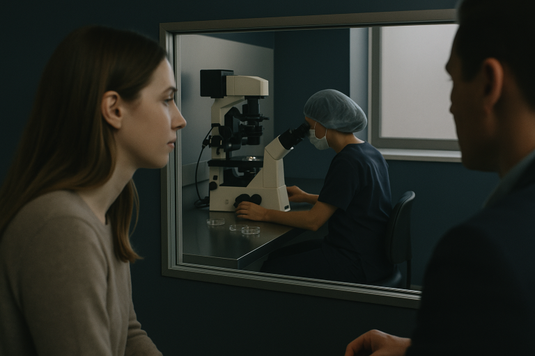 Embryology lab scene with in vitro fertilization equipment and technician.