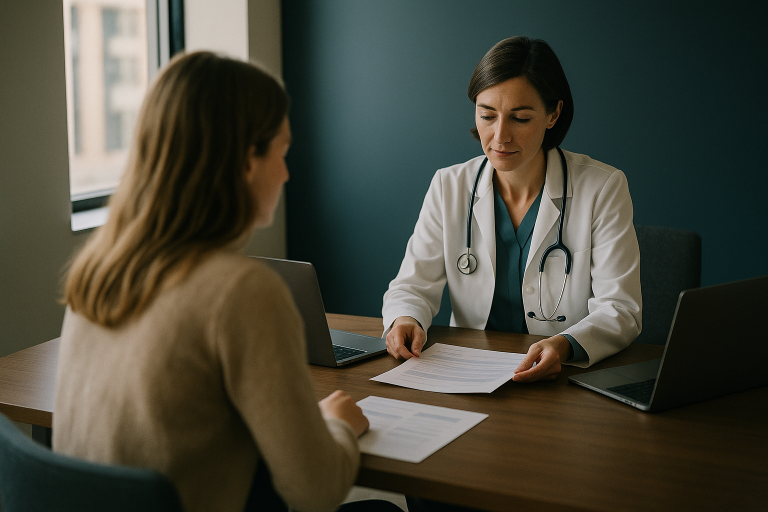 Hospital executives discussing insurance trip insurance in a modern workspace.