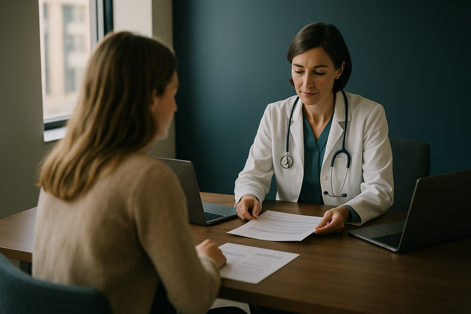 Hospital executives discussing insurance trip insurance in a modern workspace.
