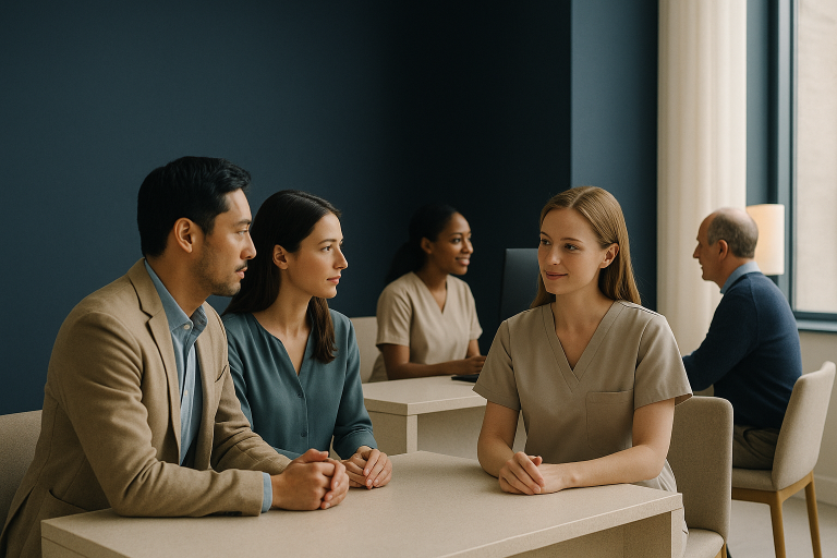 IVF clinic reception area with international patients consulting staff.