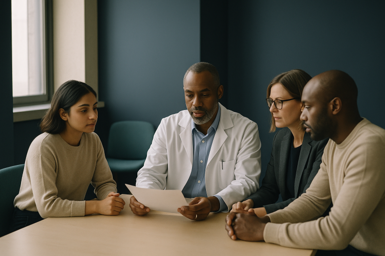 A doctor explaining the IVF process to international patients in a consultation room.