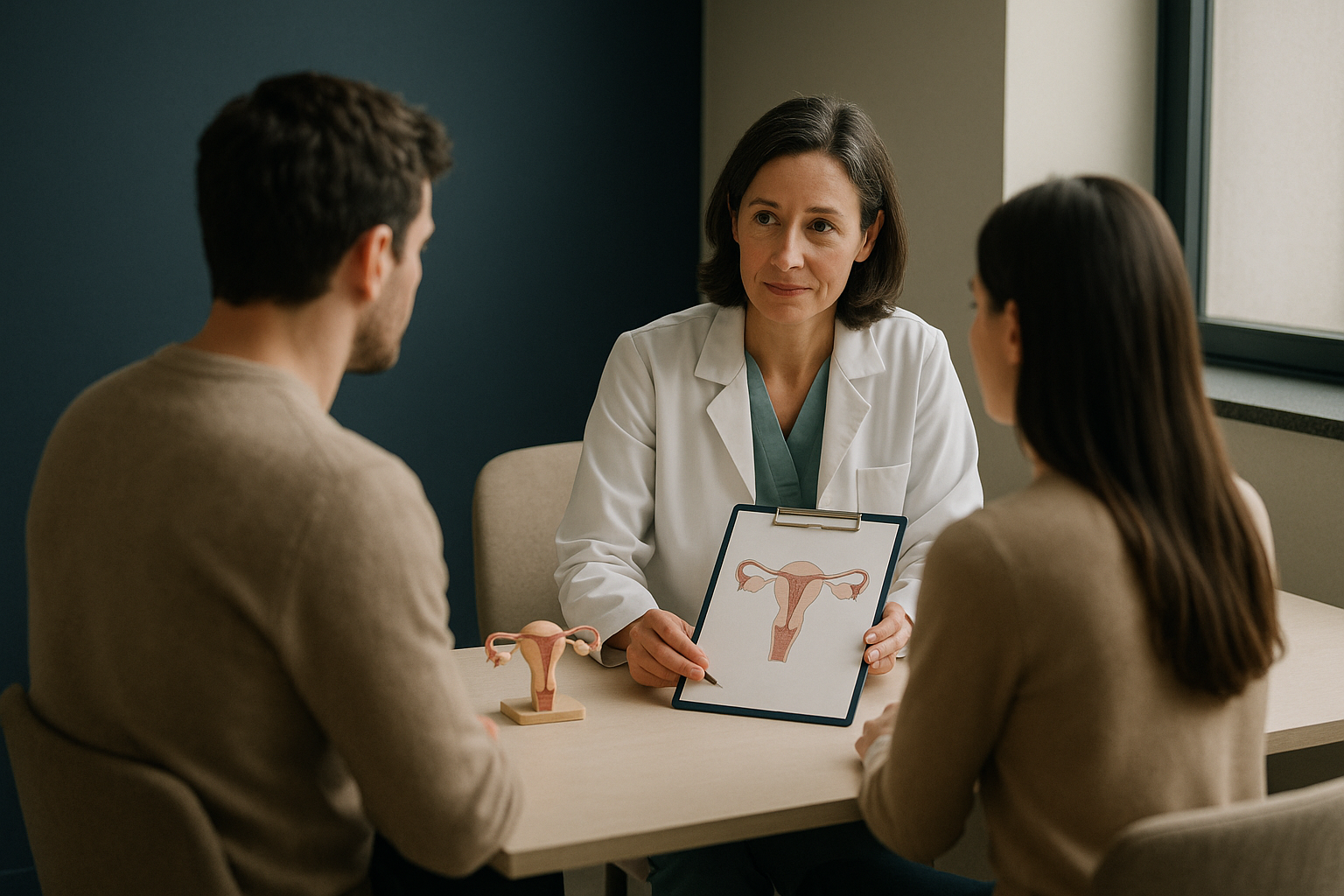 A couple discussing IVF treatment options with a fertility specialist.