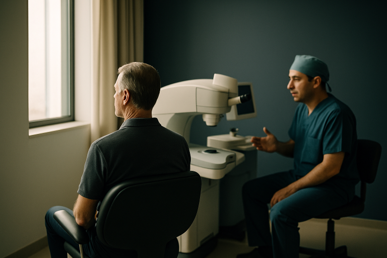 Ophthalmologist explaining laser eye surgery in Turkey to a patient in a modern clinic.