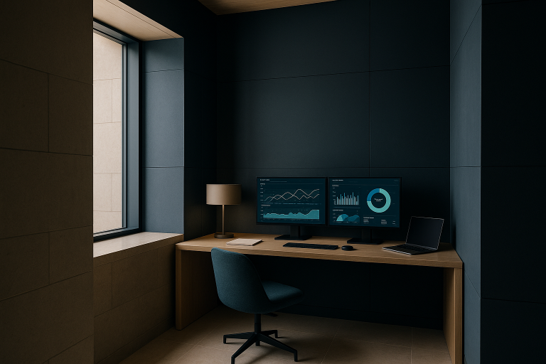 Healthcare executive workspace showing lead scoring criteria in the healthcare industry, with digital analytics on screens.