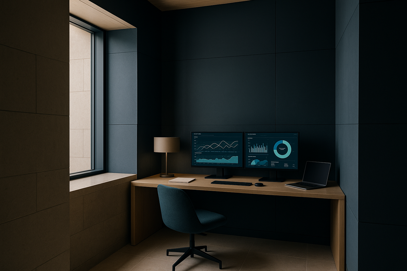 Healthcare executive workspace showing lead scoring criteria in the healthcare industry, with digital analytics on screens.