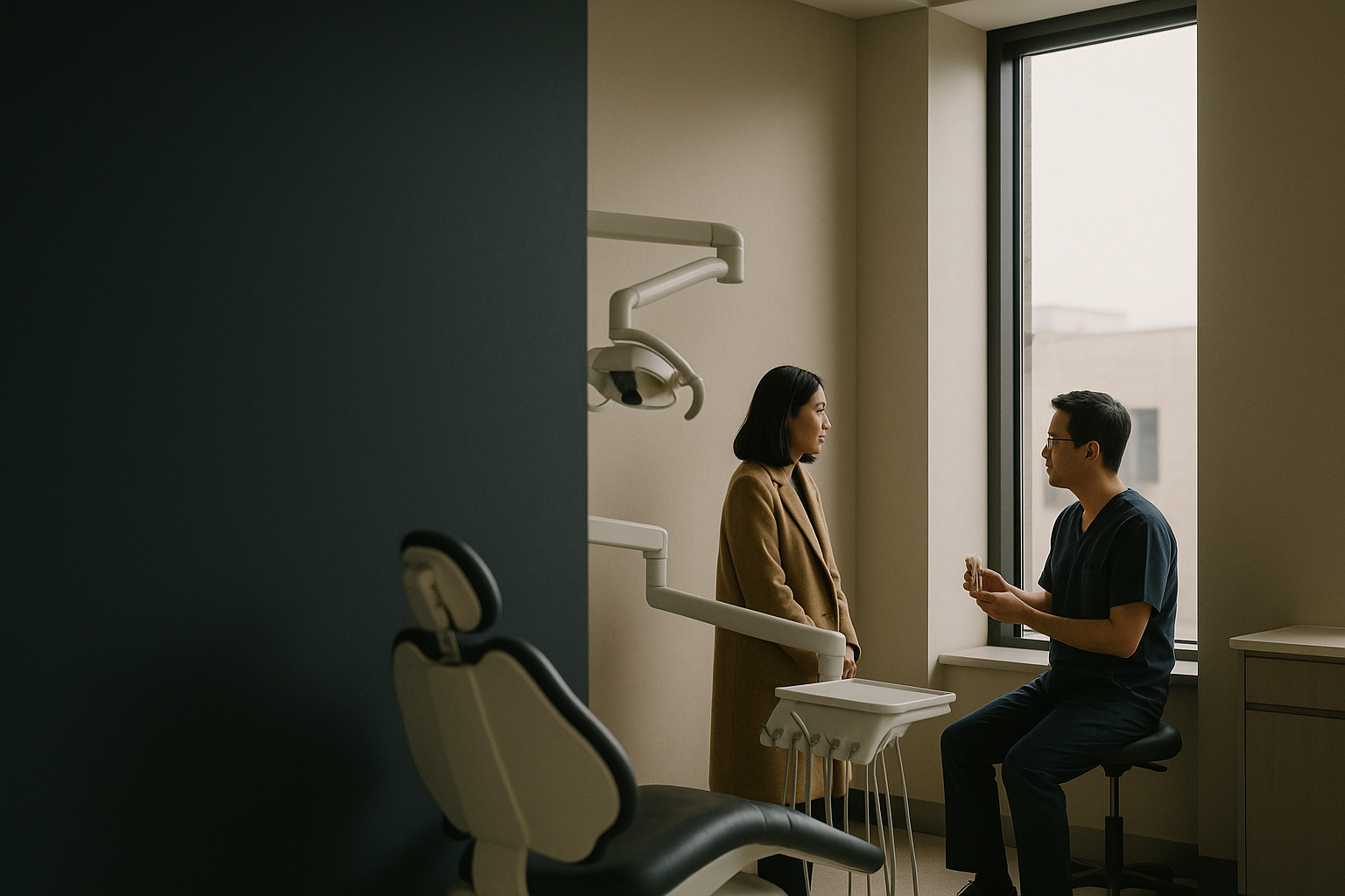 Dentist explaining less expensive dental implants in a modern clinic.