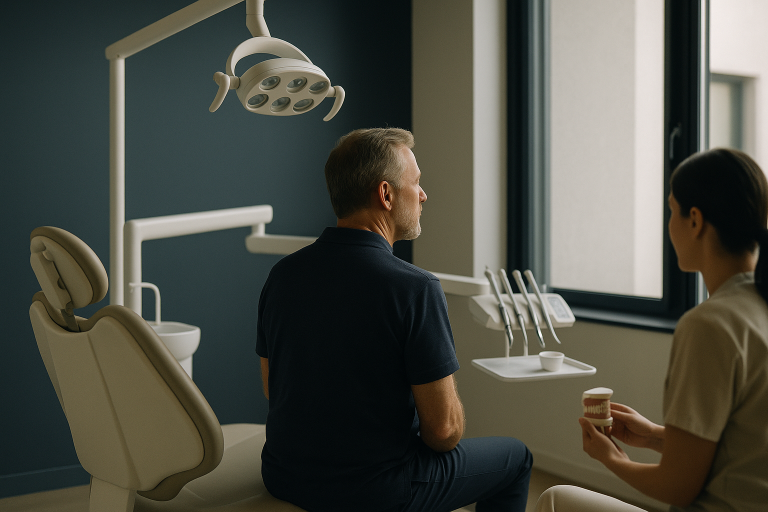 Dentist consulting with a patient about achieving a magic smile in a modern clinic.
