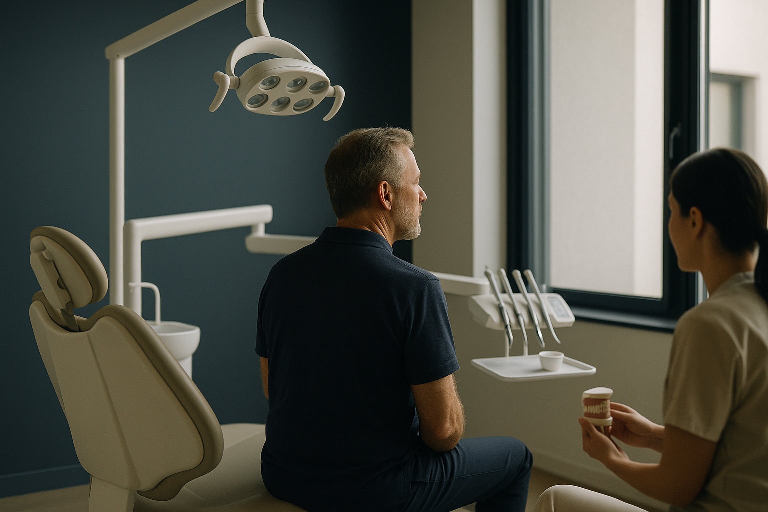Dentist consulting with a patient about achieving a magic smile in a modern clinic.