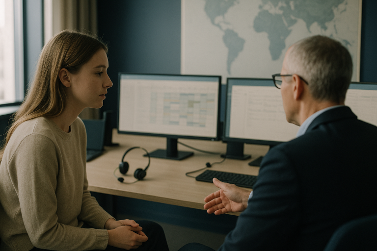 Medical call center software in use at a modern executive workspace, enhancing global patient engagement.