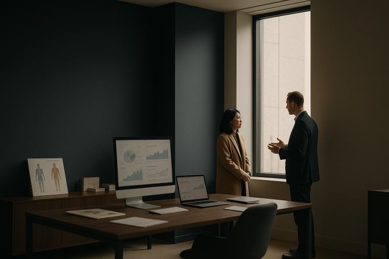 Medical device lead generation strategies in a modern executive workspace.