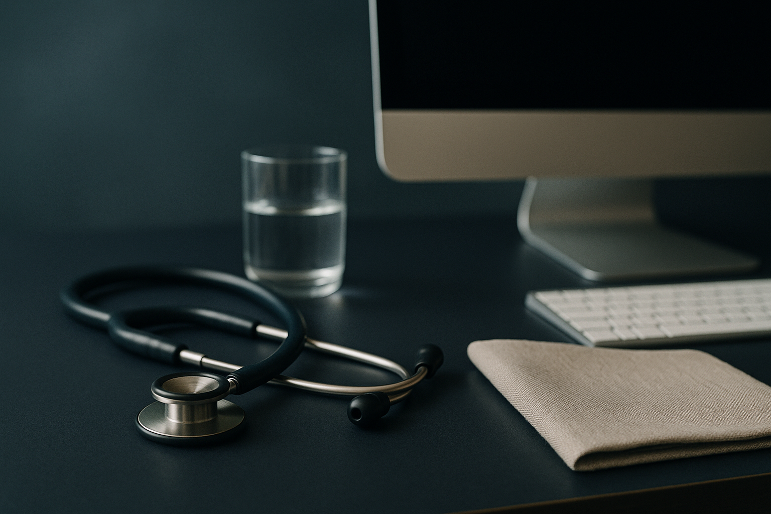 Medical practice marketing strategy session in a modern executive workspace with blank screens.