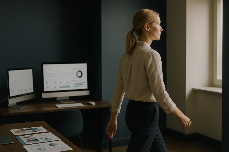 Executive workspace with medical SEO company analysis on screens.