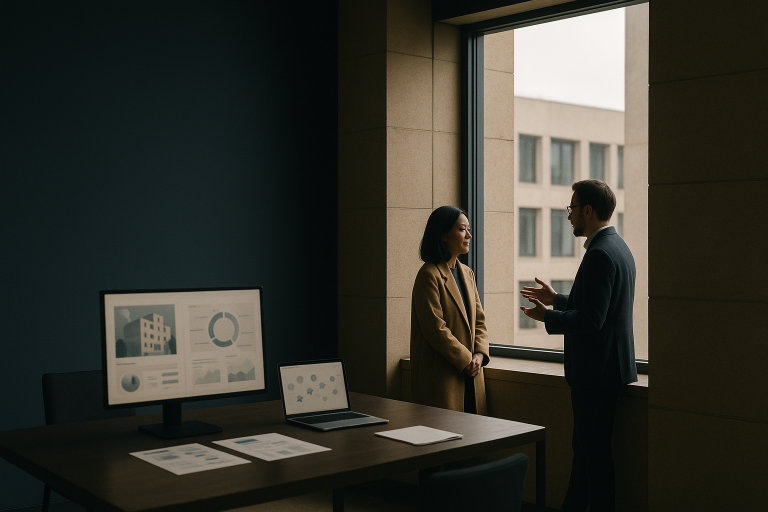 Medical SEO strategy session in a modern executive workspace with digital marketing materials.