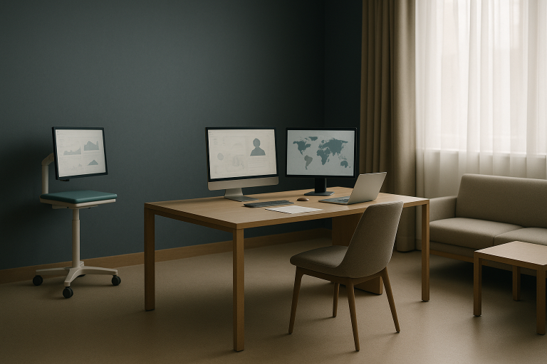 Medical SEO services workspace with data analytics and global healthcare focus