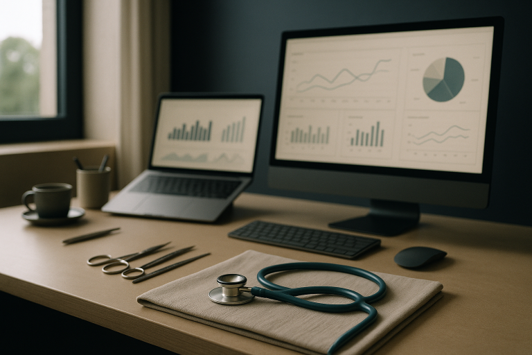 Medical SEO specialists working on digital marketing strategies in a modern office.