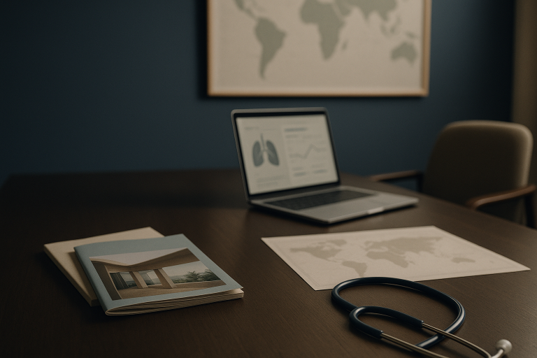 A modern executive workspace focused on medical tourism and insurance, with brochures and healthcare data on display.
