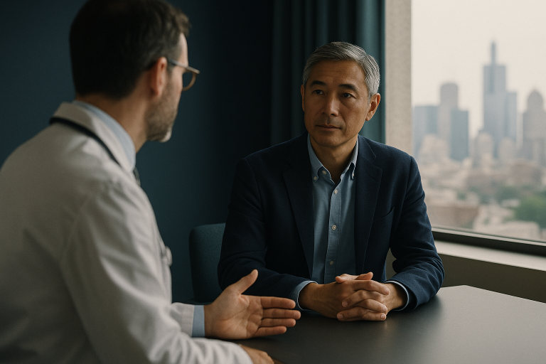 Doctor discussing treatment options with an international patient, illustrating medical tourism in Canada.