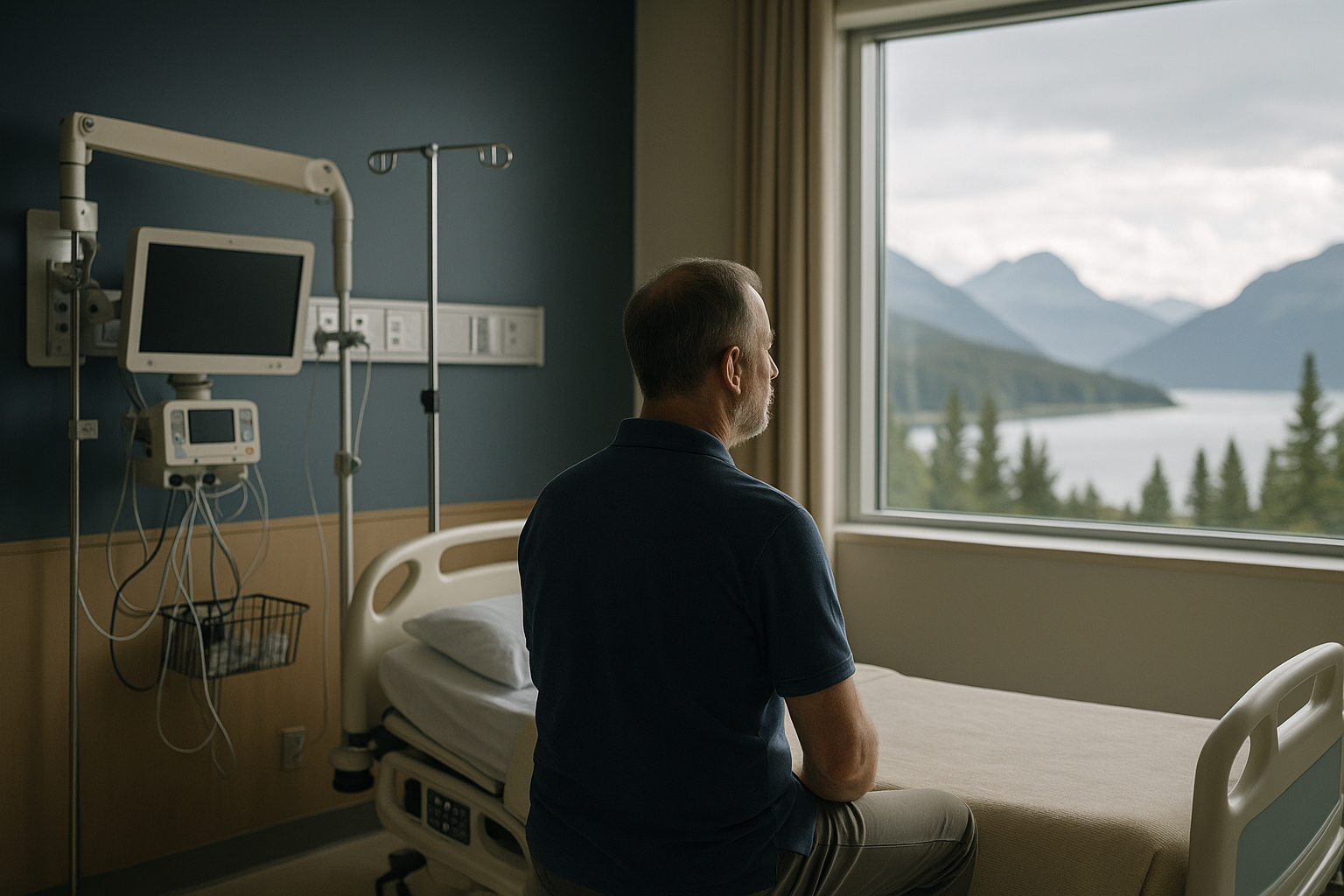 Medical tourism in Canada with a hospital room and scenic Canadian landscape.