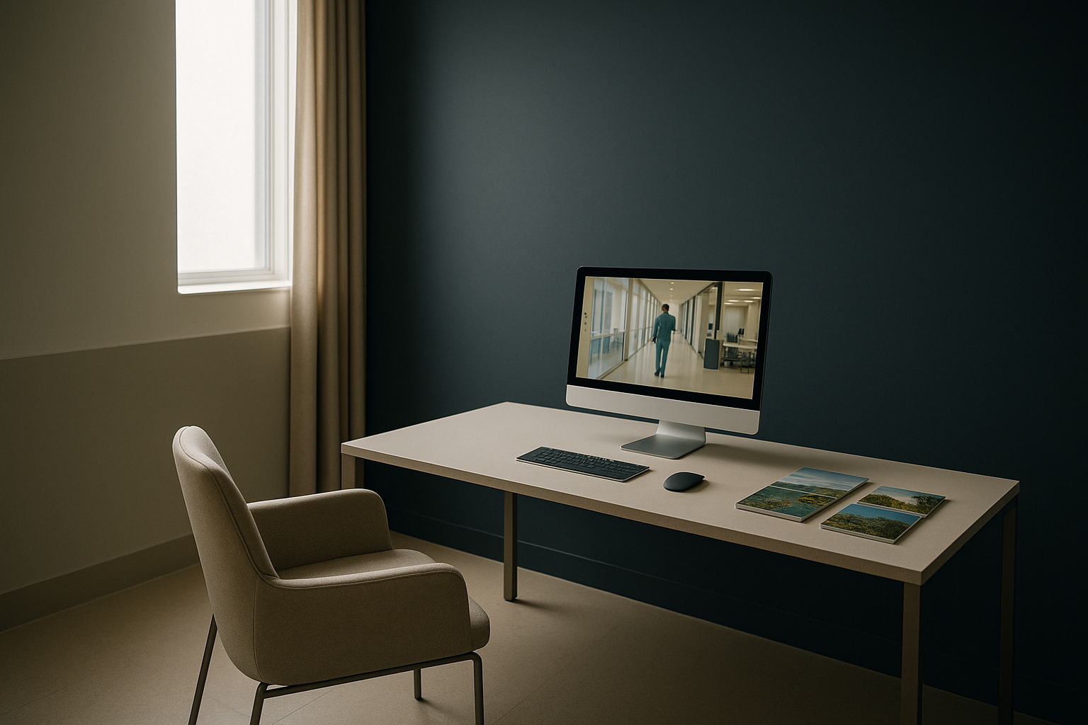 Modern executive workspace with medical tourism companies website and travel guides.