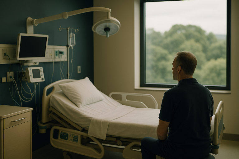 Modern Costa Rican hospital room illustrating medical tourism costa rica with advanced technology and lush greenery view.