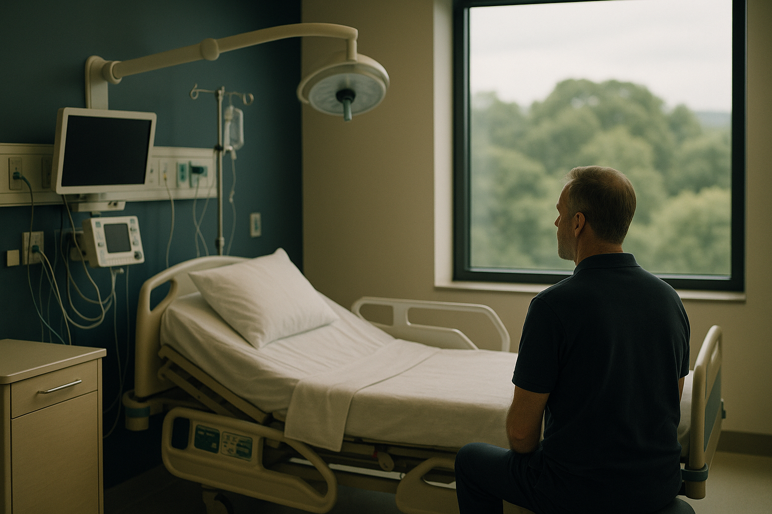 Modern Costa Rican hospital room illustrating medical tourism costa rica with advanced technology and lush greenery view.